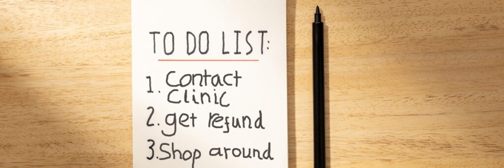 To-do list with 1. contact clinic, 2. get refund 3. shop around